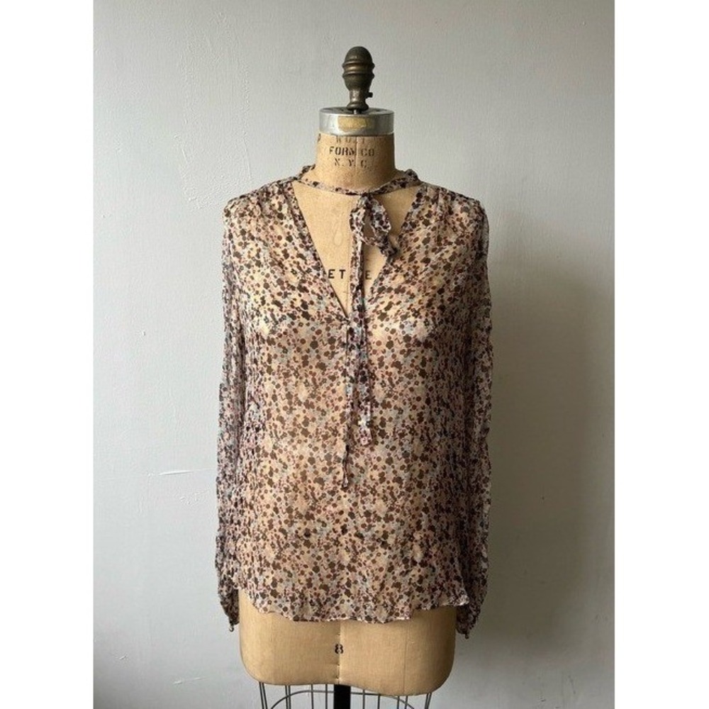 Theory Womens Silk Floral Tie Neck Sheer Blouse‎ Multicolor Long Sleeve Size M
